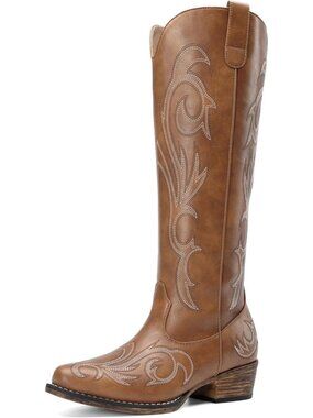Women's Brown Rubber Cowgirl Knee High Pointed Toe Block Heel Embroiderd Boots